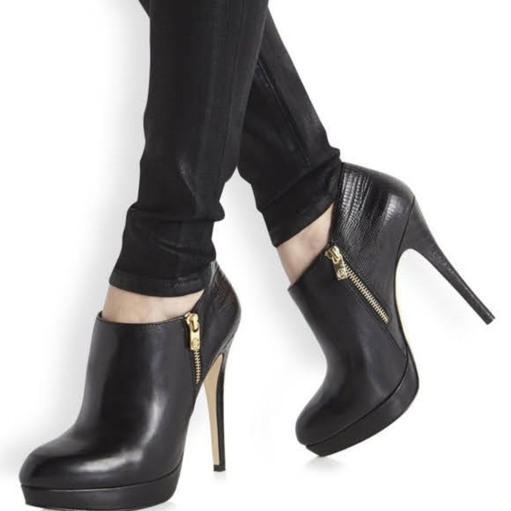 MICHAEL Michael Kors Black Leather Zip Platform Ankle Booties with Gold Hardware